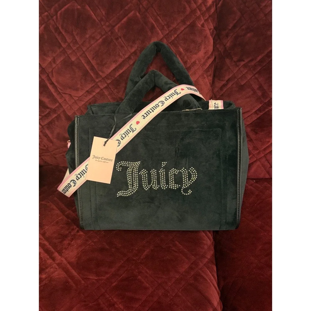 Juicy Couture Liquorice Extra Spender Tote Bag Black Velour Rhinestone NWT